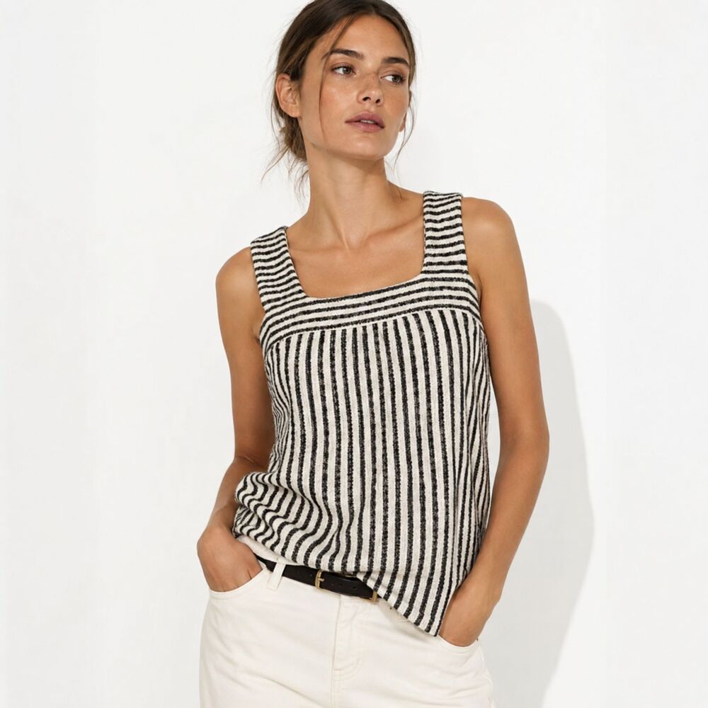 Lucky Brand Blue White Striped Fisherman Textured Tweed Tank Top Coastal Boho SM